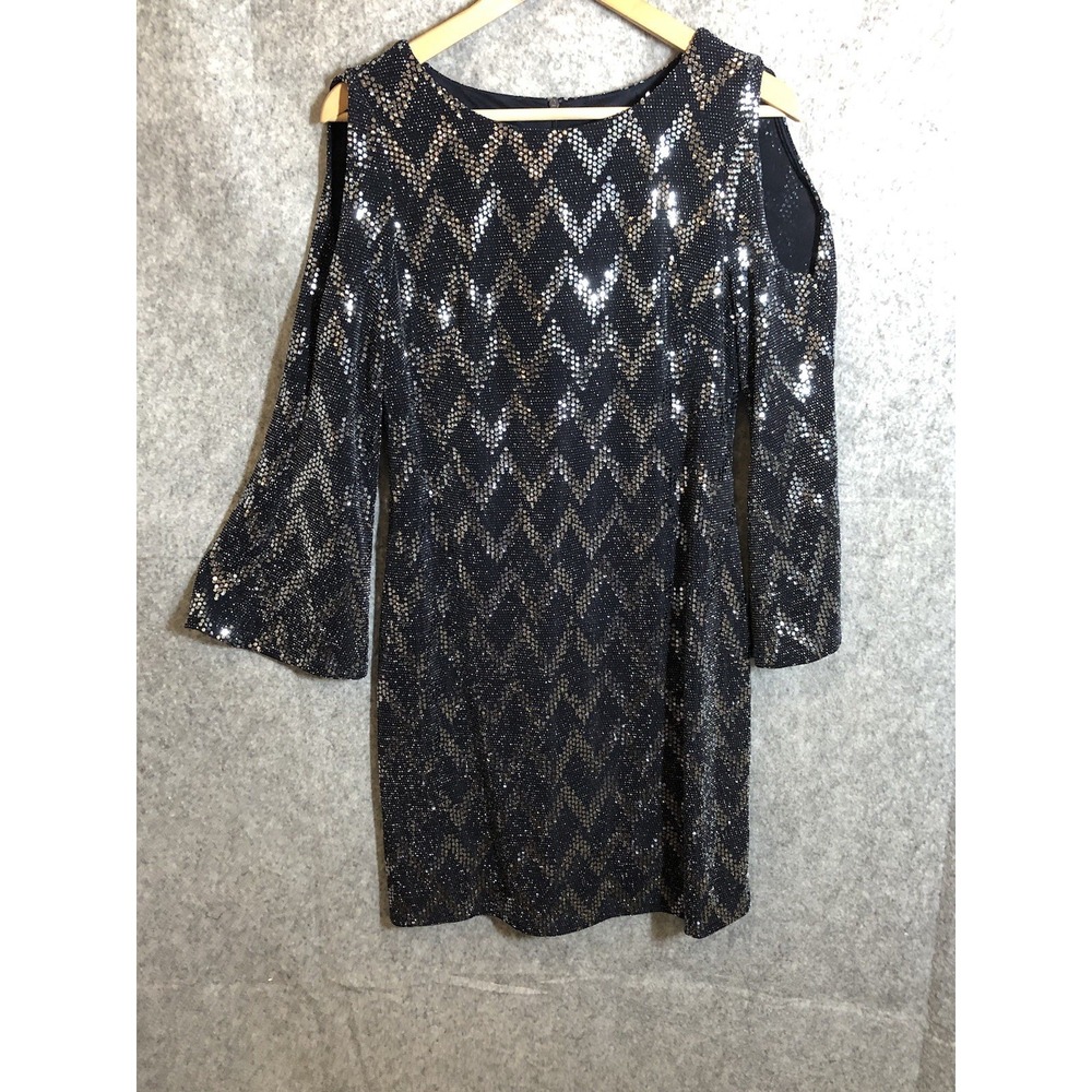 Jessica Howard Dress 8P Black Sequin Geometric Shark Bite‎ Formal Cocktail Party